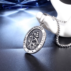 Vintage Saint Christopher oval pendant necklace in stainless steel with relief design