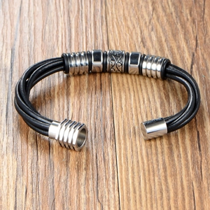 Multilayer black braided leather bracelet for men with silver stainless steel magnetic clasp
