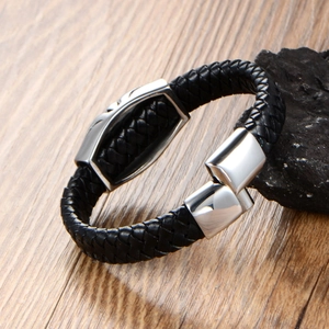 Bracelet vintage en cuir noir tressé pour homme avec fermoir en acier poli argenté