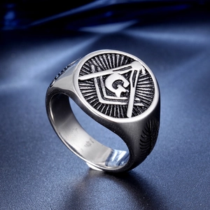 Silver vintage Masonic signet ring with engraved compass and G symbol for men