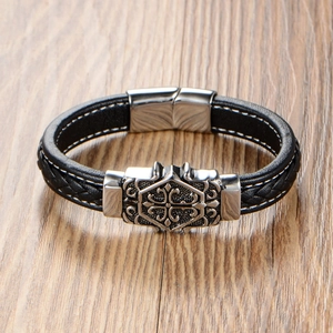 Men's punk black leather bracelet with vintage gothic cross and magnetic clasp