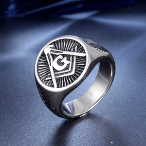 Vintage silver-tone Freemasonry signet ring with compass and square G symbol for men
