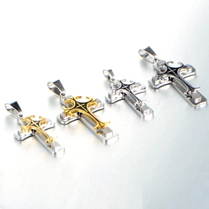 Three-layer stainless steel cross pendant necklaces for men in gold and silver finishes