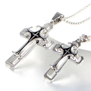 Three-layer stainless steel cross pendant necklace set with black punk style accents