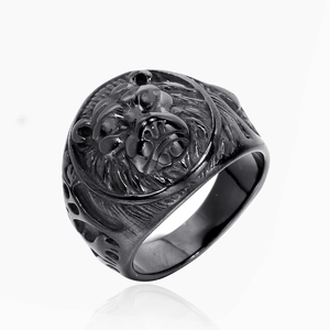 Anillo de hombre en acero inoxidable negro con cabeza de león y acabado mate