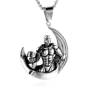 Pendentif Fitness en Acier Inoxydable Vintage Avec Homme Musclé Sur Croissant de Lune Pendentif Seul Sans Chaîne pour Homme Bijoux