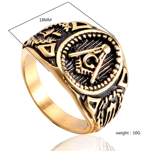 Macro detail of gold Freemasonry ring showing the square, compass symbol and G letter