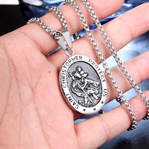 Silver Saint Christopher pendant necklace with round box chain and religious engraving