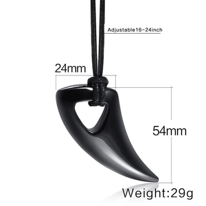Men's polished black fang pendant with adjustable black braided rope necklace cord