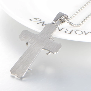 Three-layer stainless steel cross pendant necklace for men with brushed silver finish