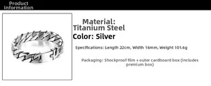 Detailed specs of 16mm wide silver titanium steel curb chain bracelet for men with lock