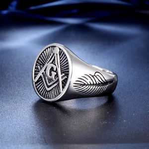 Vintage silver freemasonry signet ring with compass and square for men in titanium steel