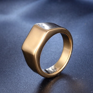 Polished gold stainless steel signet ring with a smooth flat rectangular face