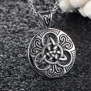 Vintage silver Celtic knot round pendant with Triquetra symbol and sturdy metal chain