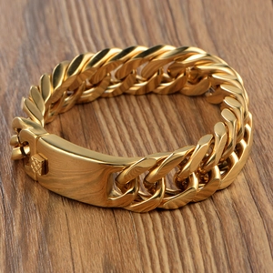 Bracelet chaîne cubaine large dorée pour hommes en acier titane avec plaque métallique lisse