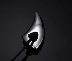 Polished stainless steel horn pendant for men with a black woven cord necklace