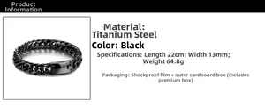 Titanium steel black Cuban link bracelet details: 22cm length, 13mm width, and 64.8g weight
