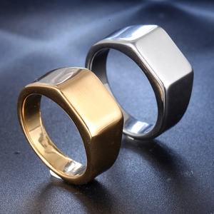 Polished stainless steel signet rings in gold and silver with minimalist rectangle face