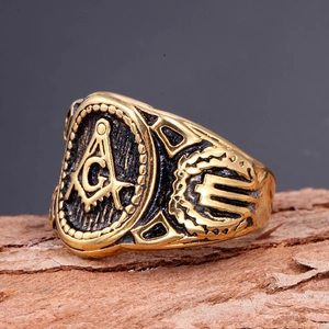 Vintage gold Freemasonry stainless steel ring featuring the G logo and engraved motifs