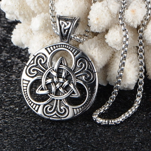 Vintage Celtic Triquetra Knot pendant in striped stainless steel with a sturdy box chain