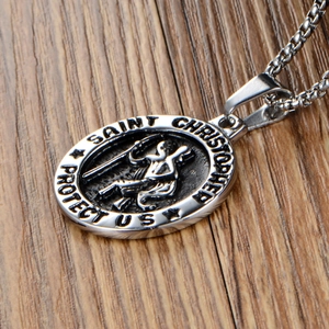 Saint Christopher religious oval pendant necklace in vintage stainless steel finish