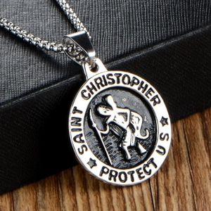Saint Christopher protect us medal pendant necklace in polished silver stainless steel