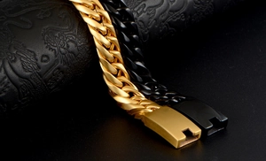 Close-up of gold and black titanium steel Cuban link bracelets with secure box clasps