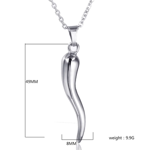 Detailed view of silver chili pendant necklace showing 49mm length and 8mm width dimensions