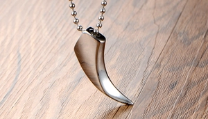 Close-up of polished stainless steel wolf tooth pendant with classic metal ball chain