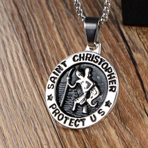 Vintage Saint Christopher protector medallion necklace in polished stainless steel finish