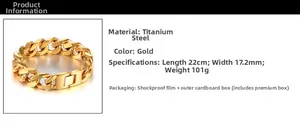 Detail of gold plated stainless steel Cuban chain bracelet showing 17.2mm width and 101g weight