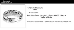 Detail view of 16mm thick silver titanium steel Cuban chain bracelet with dimensions