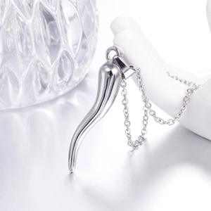Polished silver cornicello horn pendant necklace on a display mannequin for men