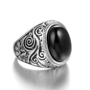 Vintage titanium steel signet ring for men featuring a large oval black gemstone inlay