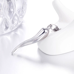 Polished stainless steel Italian horn pendant necklace with smooth silver metallic finish