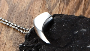 Polished stainless steel wolf tooth pendant on bead chain against natural rock background