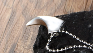 Macro shot of silver stainless steel wolf tooth pendant on a rustic mineral stone background