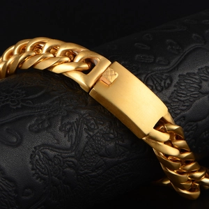 Classic golden Cuban link chain bracelet for men with matte brushed stainless steel finish