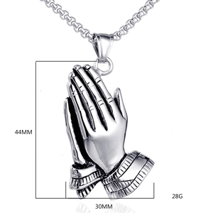 Detailed view of silver praying hands pendant with square pearl chain and dimensions