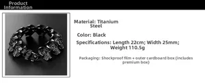 Macro view of matte black stainless steel skull bracelet with 22cm length and 25mm width