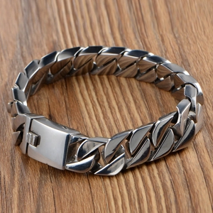 Classic silver Cuban link bracelet in polished titanium steel for men with fold-over clasp
