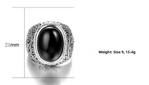 Detail showing vintage steel ring dimensions 21mm height and weight 15.4g with black stone