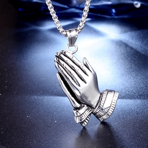 Polished stainless steel praying hands pendant necklace with classic square link chain