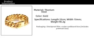 Detail of 15mm gold titanium steel Cuban chain bracelet with secure square buckle clasp