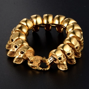 Bracelet Punk en Acier Inoxydable Or avec Crâne pour Hommes Style Heavy Metal Gothique Rock Hip Hop Bijoux Cadeau