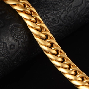 Classic gold titanium steel curb chain bracelet with matte finish on black leather