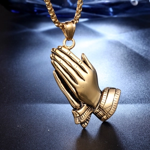 Polished gold stainless steel praying hands pendant necklace with durable box chain link