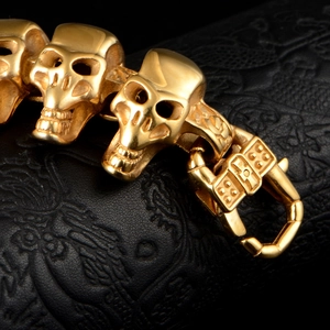 Bracelet tête de mort punk en acier titane doré pour hommes avec fermoir mousqueton