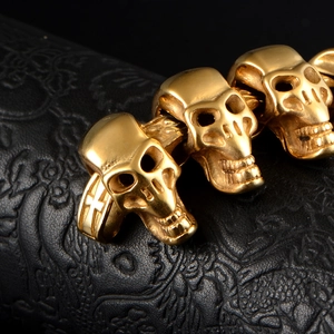 Bracelet punk tête de mort doré pour homme en acier inoxydable avec relief de croix