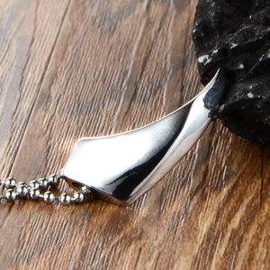 Polished stainless steel wolf tooth pendant with silver bead chain on dark stone base